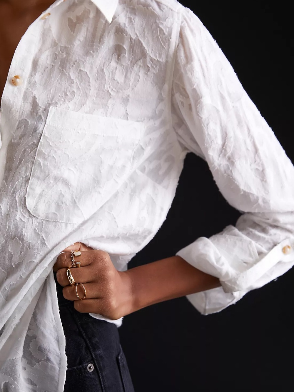 Anthropologie Maeve Classic Slim White Buttondown Shirt with Floral Jacquard - Picture 9 of 9